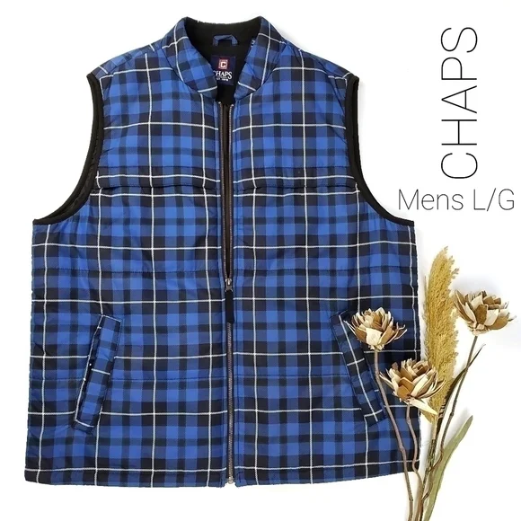 RALPH LAUREN Chaps Men's L Blue Plaid Puffer Vest - Picture 1 of 11